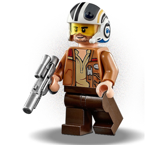 Display of LEGO Star Wars Poe Dameron (Medium Nougat Jacket, Helmet) with blaster