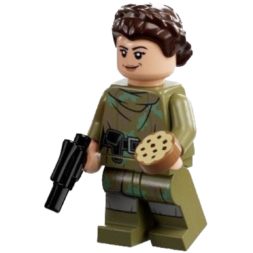 This LEGO minifigure is called, Princess Leia, Olive Green Endor Outfit, Hair . It's minifig ID is sw1296.