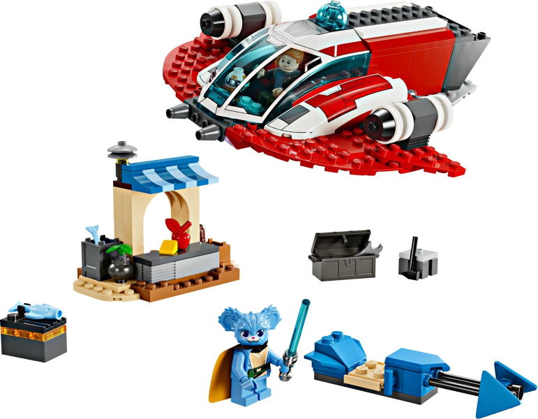 LEGO set with a spaceship, character, and small building on a white background