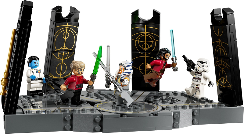 LEGO Star Wars set with minifigures and structures on a white background