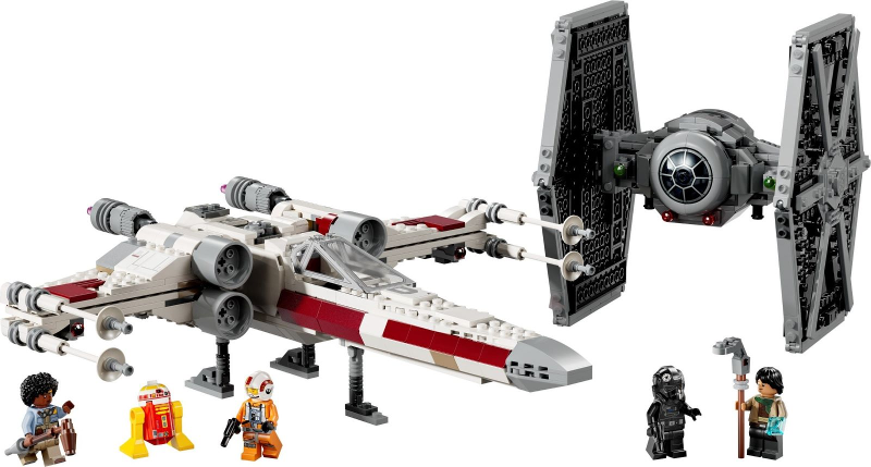 LEGO Star Wars set with X-Wing fighter and TIE fighter models on a white background