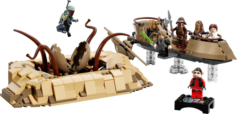 LEGO set with desert scene, vehicle, and figures on a white background