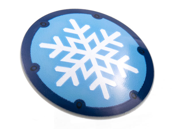 Display of LEGO part no. 75902pb24 which is a Light Bluish Gray Minifigure, Shield Circular / Round Convex Face with White Snowflake on Medium Blue Background, Dark Blue Border Pattern 