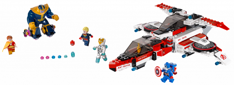 LEGO set with superhero figures and a helicopter on a white background