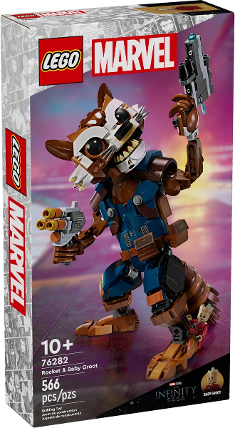 LEGO Marvel Rocket & Baby Groot set packaging with character illustration on a gradient background