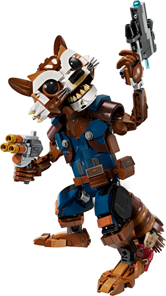 Toy figure of a character with a blue outfit and brown fur holding weapons on a white background