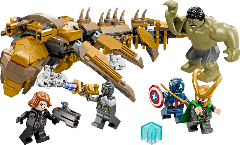 LEGO set with Hulk, Captain America, Black Widow, and other characters with a large mechanical dragon-like creature.