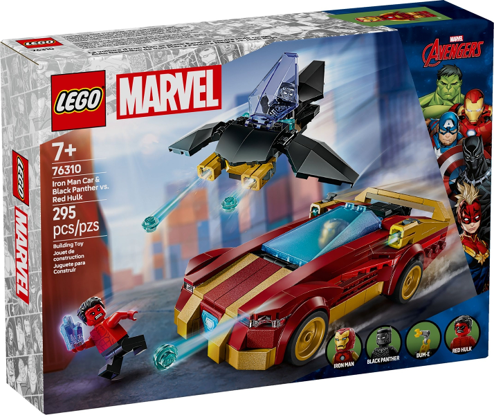 Box art for LEGO Super Heroes Iron Man Car & Black Panther vs. Red Hulk 76310