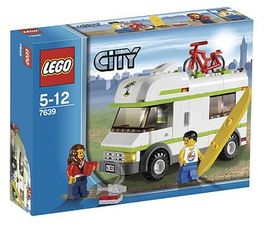LEGO City camper van set packaging with two figures and a bicycle on top.