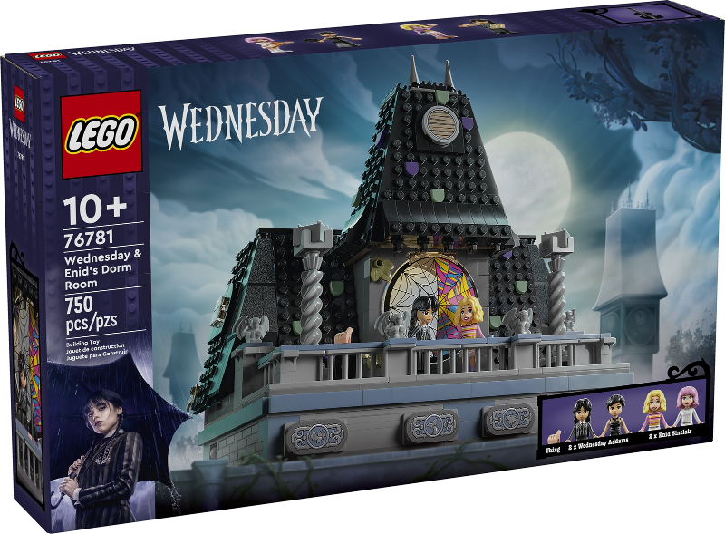LEGO 'Wednesday & Endy's Dorm Room' set packaging with characters and building design.