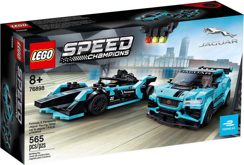Box art for LEGO Speed Champions Formula E Panasonic Jaguar Racing GEN2 Car & Jaguar I-PACE eTROPHY 76898