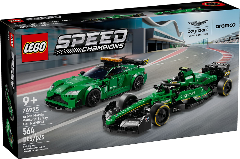 LEGO Speed Champions packaging with two green racing cars on a track background