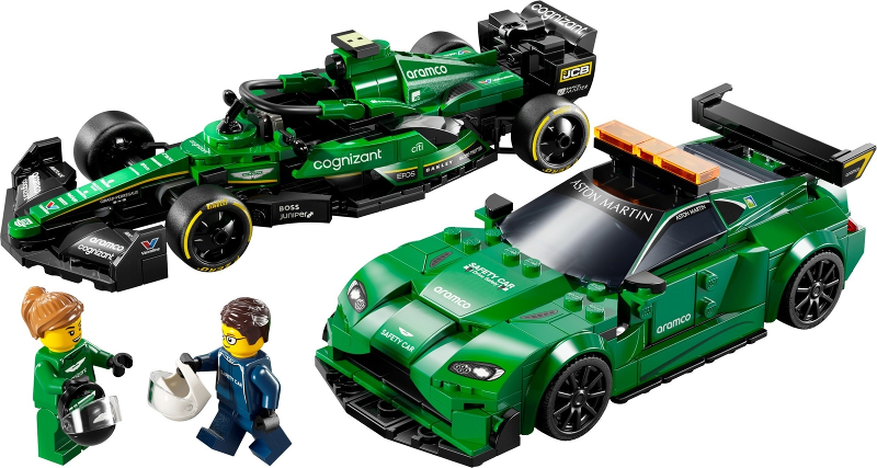 Two green racing cars and two figures on a white background