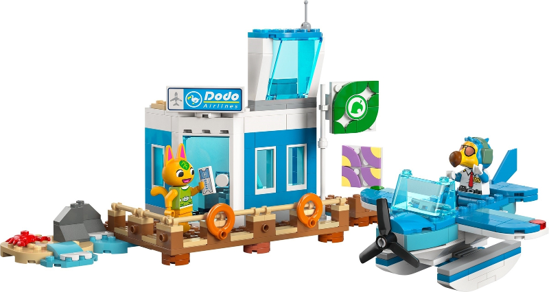 Toy set with a building, boat, and characters on a white background