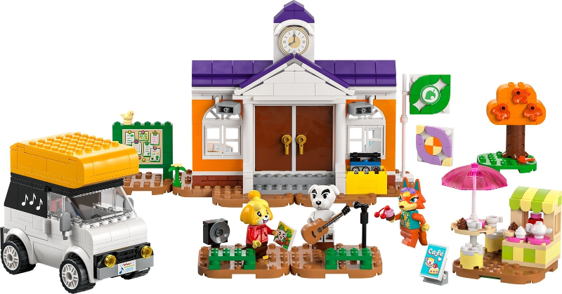 LEGO set with a small building, vehicle, and characters on a white background