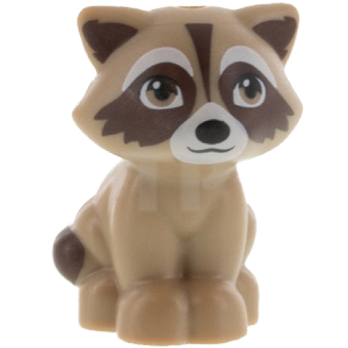 Display of LEGO part no. 77110pb01 which is a Dark Tan Raccoon, Friends with White Muzzle, Black Nose, Dark Brown Markings on Face, Ears and Tail Pattern