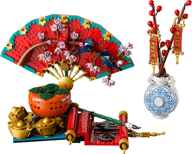 Decorative set with a fan, vase, and other elements on a white background