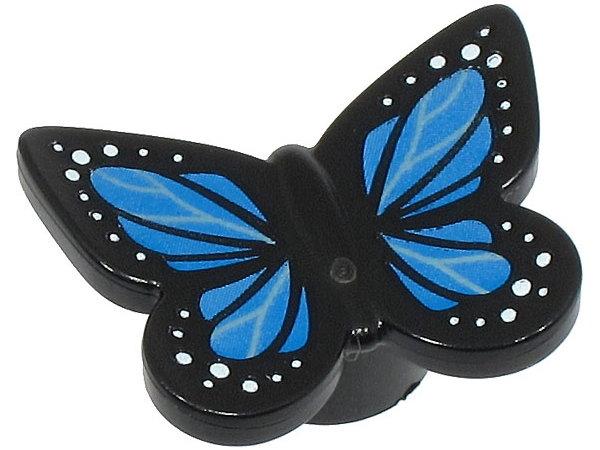 Display of LEGO part no. 80674pb03 which is a Black Butterfly with Stud Holder with Blue Wings and White Spots Pattern 