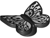 Display of LEGO part no. 80674pb05 which is a Black Butterfly with Stud Holder with White Wings Pattern 