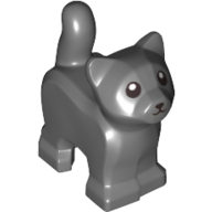 Display of LEGO part no. 80686pb01 Cat, Baby Kitten, Standing with Black Mouth, Nose, and Eyes with Pupils Pattern which is a Dark Bluish Gray Cat, Baby Kitten, Standing with Black Mouth, Nose, and Eyes with Pupils Pattern