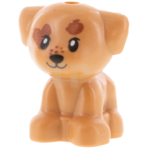 Display of LEGO part no. 69901pb01 which is a Medium Nougat Dog, Friends, Puppy, Standing, Small with Reddish Brown Spots Pattern