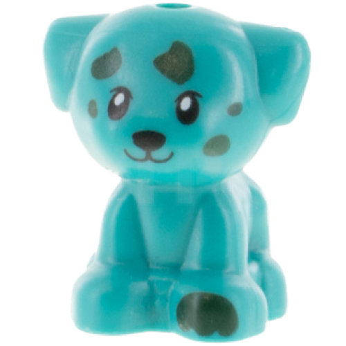 Display of LEGO part no. 69901pb05 which is a Dark Turquoise Dog, Friends, Puppy, Standing, Small with Dark Green Paw and Spots Pattern