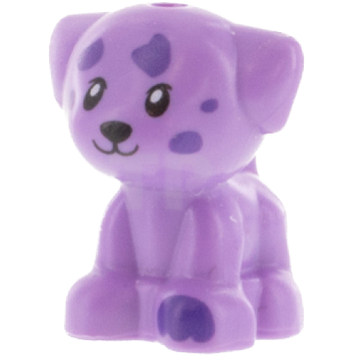 Display of LEGO part no. 69901pb03 which is a Medium Lavender Dog, Friends, Puppy, Standing, Small with Dark Purple Paw and Spots Pattern
