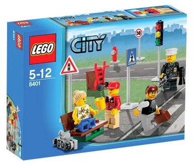 LEGO City set packaging with characters and traffic elements on a blue background