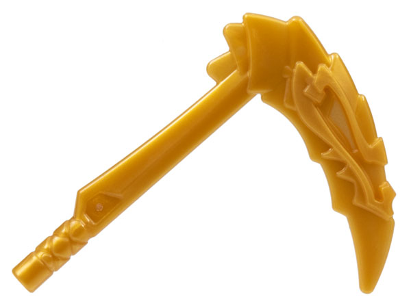 Display of LEGO part no. 86125a which is a Pearl Gold Minifigure, Weapon Sickle with Dragon Head and Short Wrapped Handle (Ninjago Scythe of Quakes) 