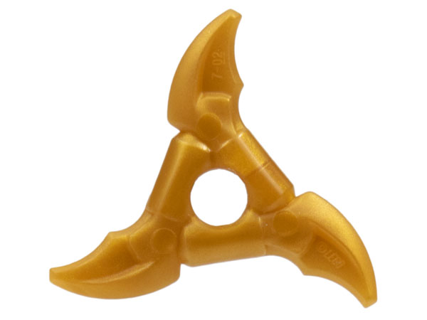 Display of LEGO part no. 86125b which is a Pearl Gold Minifigure, Weapon Shuriken Throwing Star with Smooth Grips and Curved Blades 