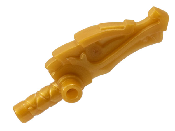 Display of LEGO part no. 86125d which is a Pearl Gold Minifigure, Weapon Stick / Club (Nunchucks) with Dragon Head and 2 Bars on Sides 