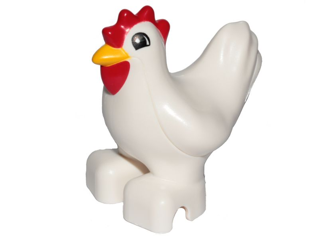 Display of LEGO part no. 87320pb02 which is a White Duplo Chicken, Hen, Eyes Semicircular Pattern 