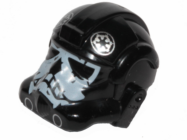 Display of LEGO part no. 87556pb10 which is a Black Minifigure, Headgear Helmet SW Stormtrooper Type 2, Ace Skull Pattern 