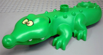 Display of LEGO part no. 87963c01pb02 which is a Bright Green Duplo Alligator / Crocodile Large with Opening Jaw and Wide Snout with Crossed Eyes 