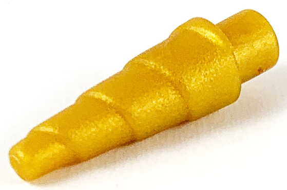 Display of LEGO part no. 89522 which is a Pearl Gold Horn, Unicorn 