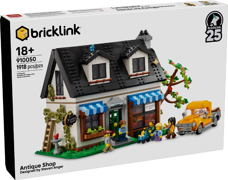 Bricklink antique shop building set packaging with toy figures and vehicle