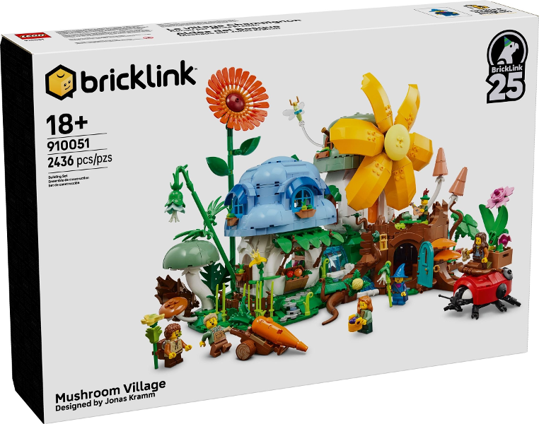 Bricklink Mushroom Village toy set packaging with colorful design and characters.