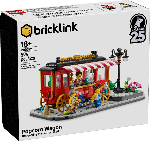 Bricklink Popcorn Wagon toy set packaging with detailed illustration on a white background