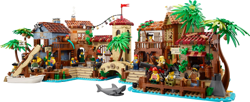 Piracy-themed LEGO set with buildings, characters, and a shark.
