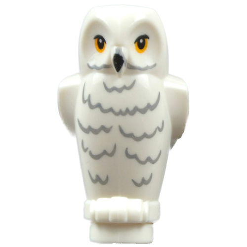 Display of LEGO part no. 92084pb03 which is a White Owl, Angular Features with Black Beak, Yellow Eyes and Light Bluish Gray Rippled Chest Feathers Pattern (HP Hedwig)