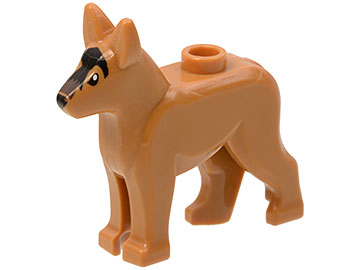 Display of LEGO part no. 92586pb01 which is a Medium Nougat Dog, Alsatian / German Shepherd with Black Eyes, Nose, Blaze and Dark Brown Muzzle Pattern 