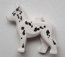 Display of LEGO part no. 92586pb03 which is a White Dog, Alsatian / German Shepherd with Black Eyes, Nose and Spots Pattern 