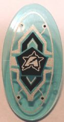 Display of LEGO part no. 92747pb02 which is a Trans-Light Blue Minifigure, Shield Elliptical with Ultra Agents Logo Pattern (Sticker), Sets 70163 / 70166 