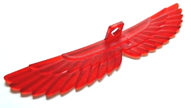 Display of LEGO part no. 93250 which is a Trans-Red Minifigure Wings Bird Extended 