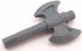 Display of LEGO part no. 94158f which is a Dark Bluish Gray Minifigure, Weapon Axe, Double Headed 