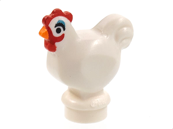 Display of LEGO part no. 95342pb02 which is a White Chicken, Narrow Base with Black Eyes, Orange Beak, Medium Blue Eye Shadow, and Red Comb and Wattle Pattern (Camilla) 