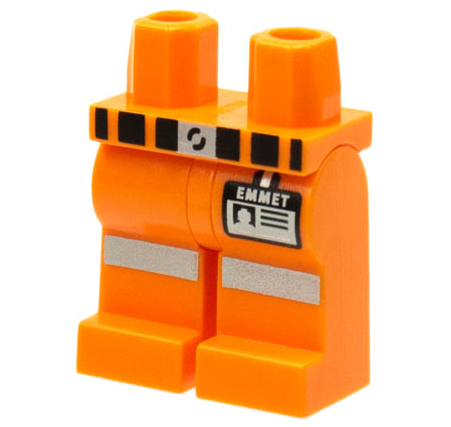 Display of LEGO part no. 970c00pb0282 which is a Orange Hips and Legs with Belt, Reflective Stripes and 'EMMET' Name Tag Pattern 