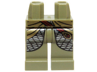 Display of LEGO part no. 970c00pb0342 which is a Olive Green Hips and Legs with Gold Elven Robe, Red Strap and Silver Scale Mail Pattern 