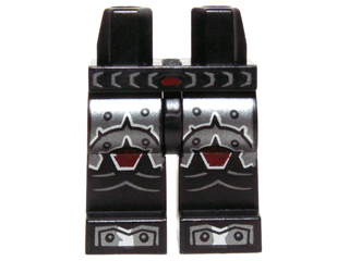 Display of LEGO part no. 970c00pb0484 which is a Black Hips and Legs with Dark Red and Silver Scaled Armor and Boots with Rivets Pattern 