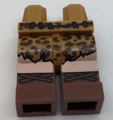 Display of LEGO part no. 970c00pb0613 which is a Medium Nougat Hips and Legs with Caveman Belt and Skirt, Light Nougat Knees and Reddish Brown Boots with Laces Pattern 